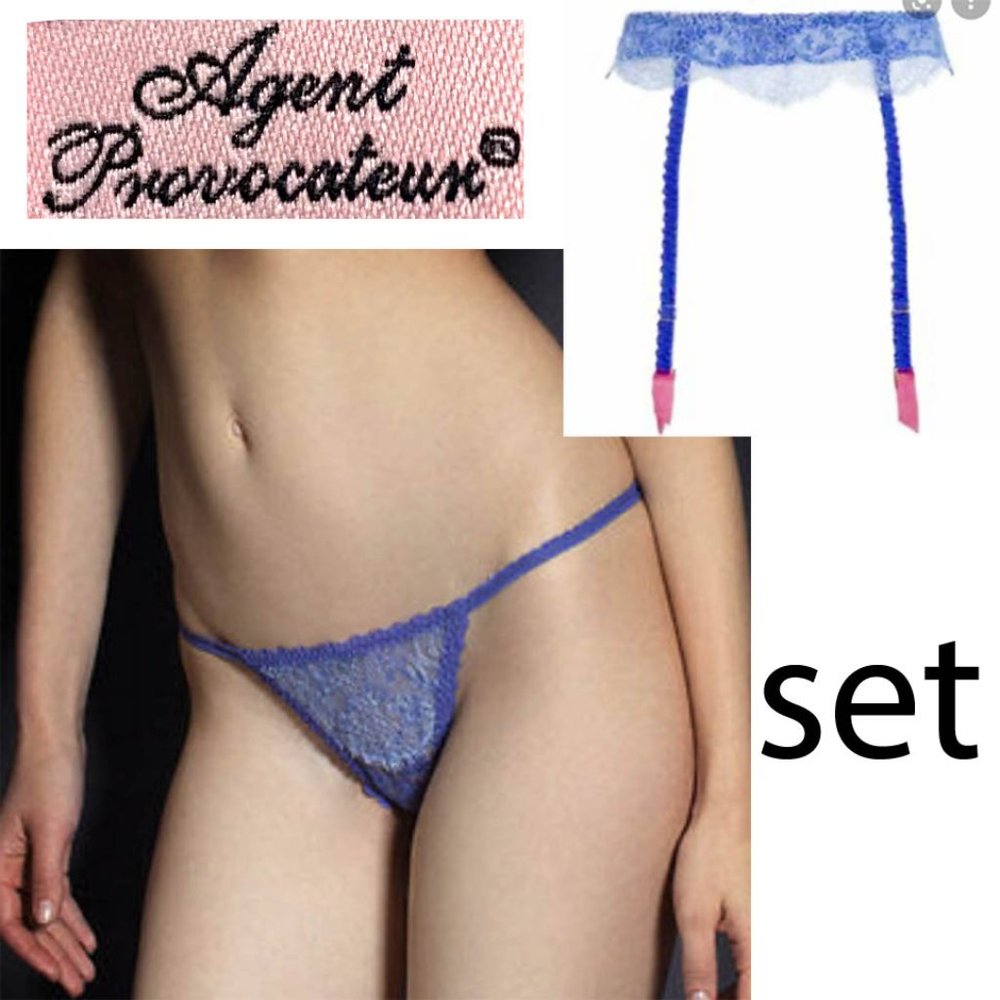 NWOT Agent Provocateur Francoise Suspender and Thong SET in Purple Blue in Small